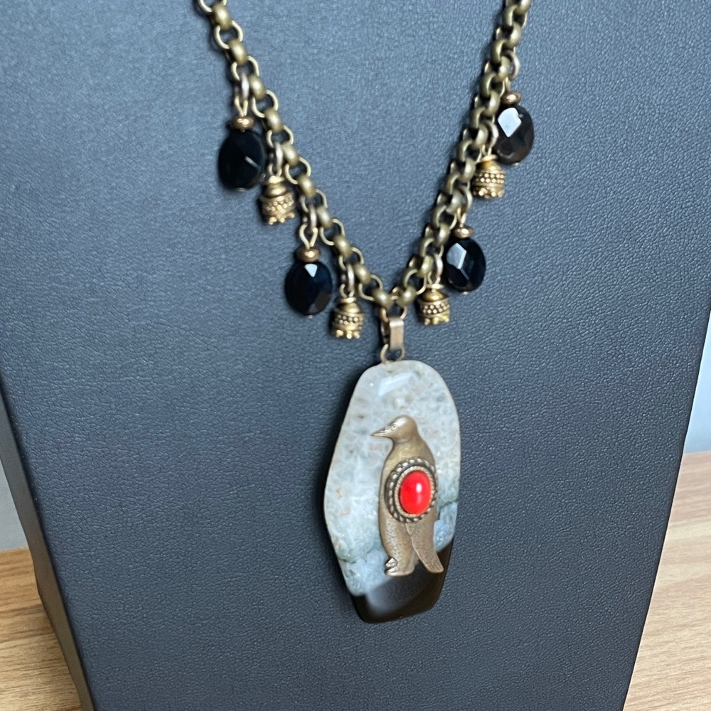 Vintage Penguin Agate Statement Necklace Brass Tone Beads Artisan Folk Nature